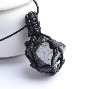 Natural Black Tourmaline Raw Stone Necklace Handwoven Net Pendant