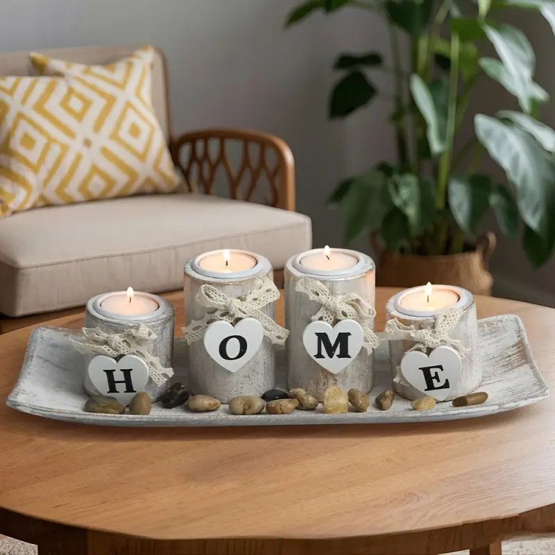Retro-style heart-shaped wooden candlestick - Nordic style candle holder for home use, suitable for tabletop decoration, a small decorative item with an atmosphere-enhancing effect, Wooden Candle Holder Set