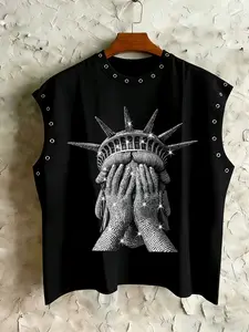 Men's Short Box Lightweight Vest, Summer Vacation Loose Fit, Punk Rivet Eyelet Craftsmanship, Diamond Effect Lady Liberty Pattern, Festival Gift Choice