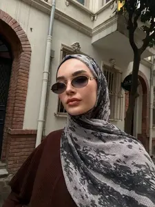 Women's Fashion Plaid Lace Headscarf Hijab, Geometric Lace Pattern Breathable Hijab, Muslim Daily Wear Boho Style