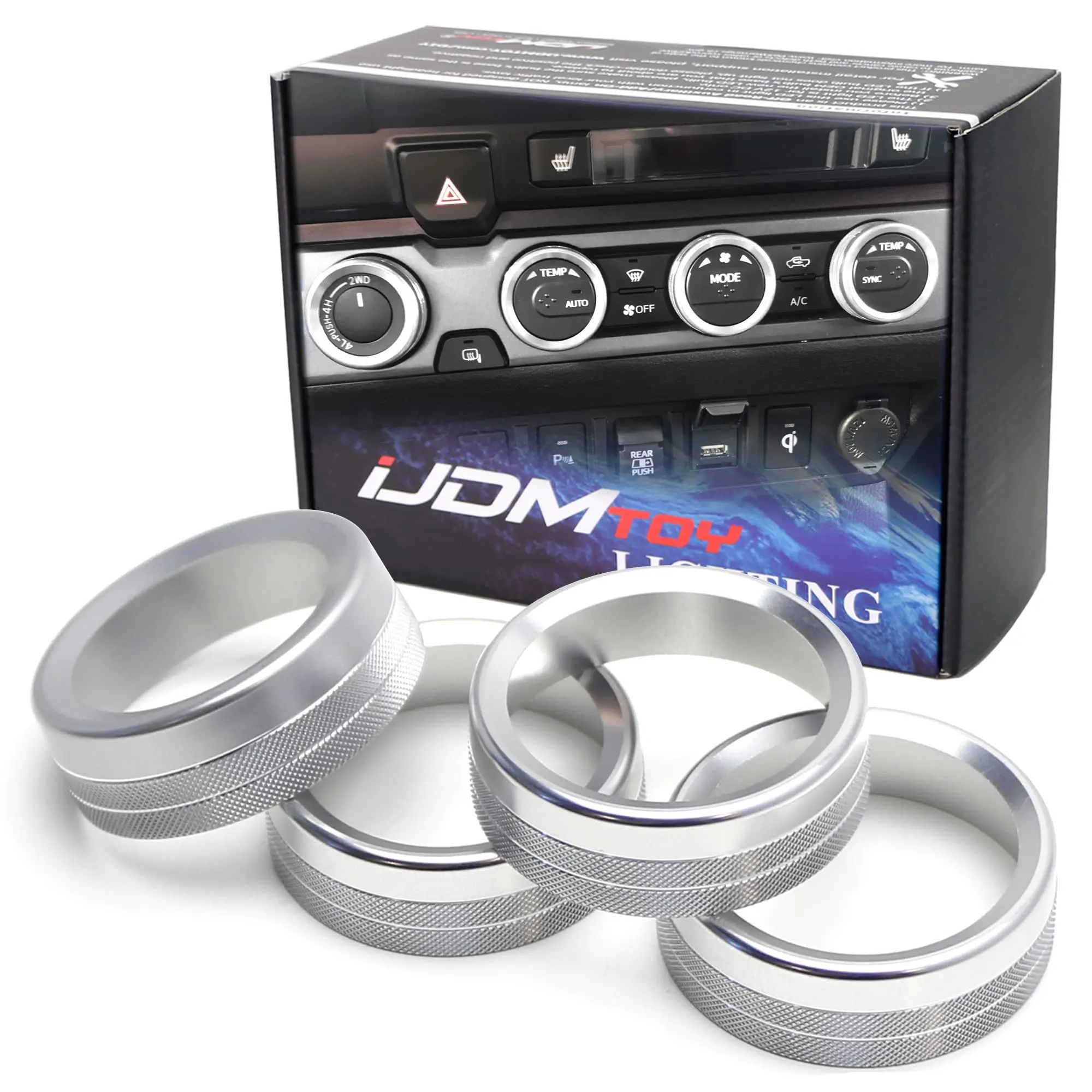 iJDMTOY 4pc-Set Silver Aluminum AC Air Conditioner & 2WD/4WD Switch Turner Ring Covers For 2016-2023 Toyota Tacoma