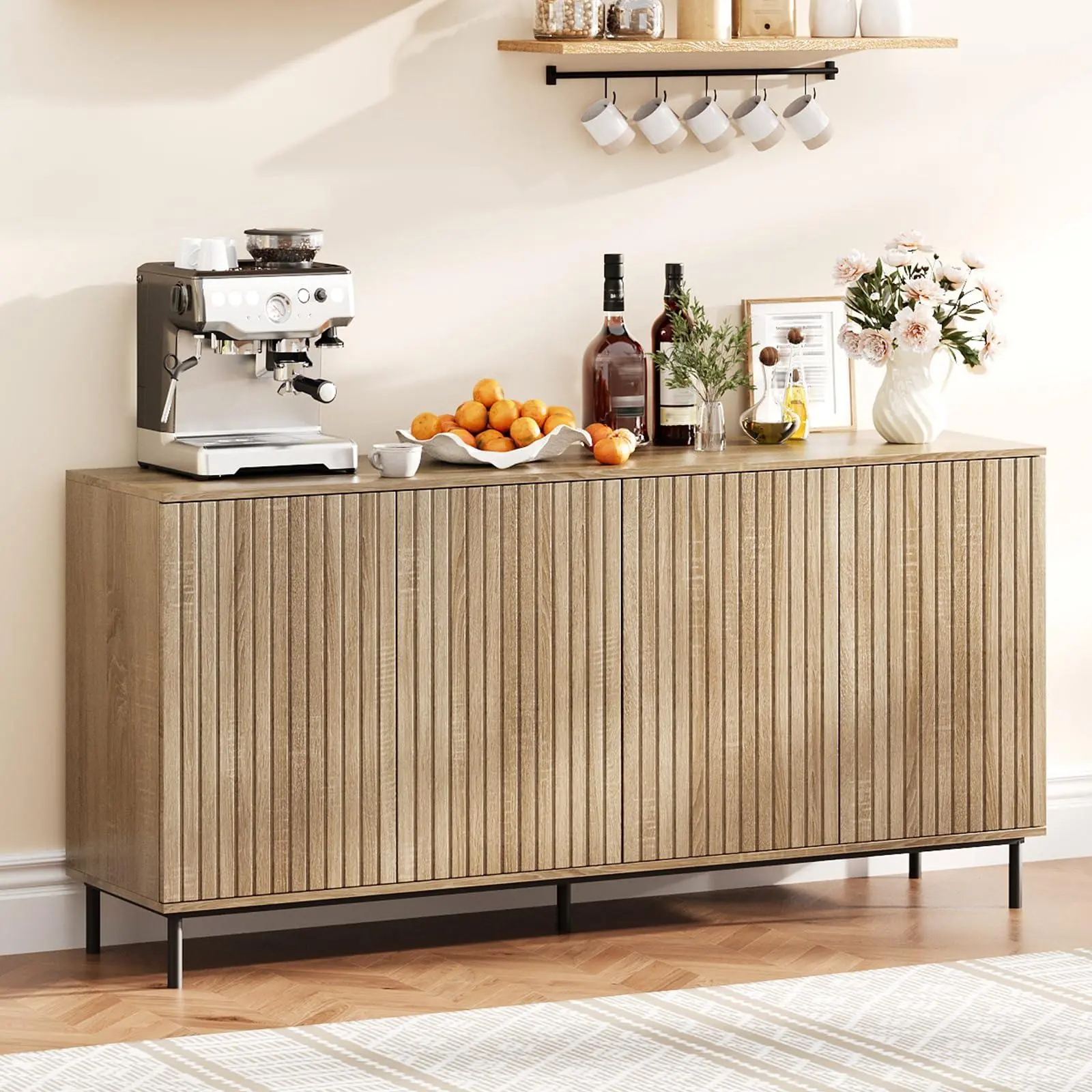 Gaomon 63in Modern Farmhouse Fluted Grooved Surface Sideboard Buffet Cabinet - Engineered Wood, 4 Handle-Free Self-Closing Doors, Durable Metal Anti-Sway Base, Adjustable Shelves, Pre-Drilled Assembly Kit - Kitchen Accent Console, Fluted Surface