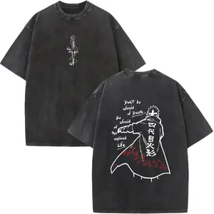 Men's Vintage Minato Naruto Leaf Graphic Washed 100% Cotton Oversized Round Neck Shortsleeve T-Shirt - Casual Retro Anime Streetwear Mens Top Apparel