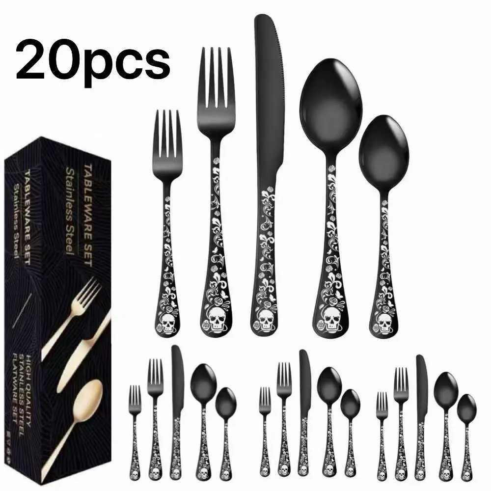 Halloween Celebration Limited Edition 20-Piece Black Skeleton Pattern Stainless Steel Cutlery Set - Knife, Fork, Spoon for Home Kitchen Tableware Use, Creative Design