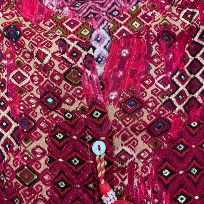 Printed Kurti Style Dress for Women in Cotton with Colorful Geometric Patterns and Tassels Summer Red Design