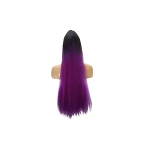Long Kinky Straight Drawstring Ponytail for Black Women - Ombre Black and Purple Yaki Curly Hair 26 Inch Ponytail Extension