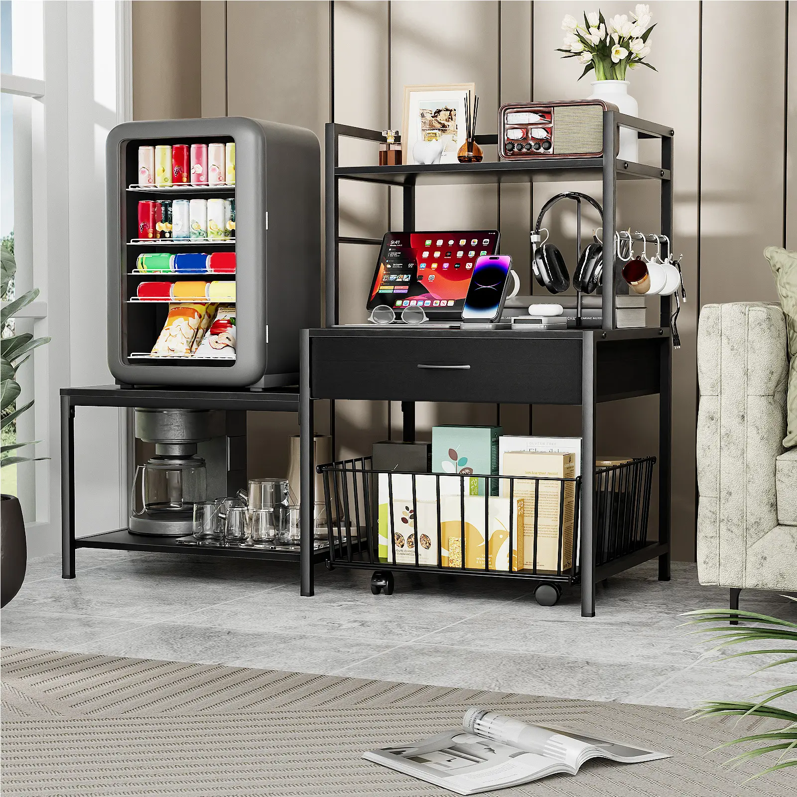 Stable 2-Layer Metal/MDF Modern Mini Fridge Rack - Durable Heavy-Duty Indoor Furniture Shelf, Single Unit with Storage Organizer, Power Outlet, Movable Basket, Space-Saving Multi-Use Design, Assembly Required for Dorm, Home, Requires
