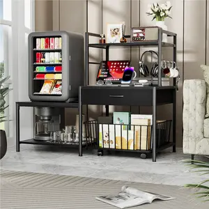 Mini Fridge Stand with Storage, Mini Refrigerator Stand with Power Outlet, Wine Fridge Table with Movable Storage Basket, Heavy Duty Beverage Refrigerator Table for Dorm Home Use