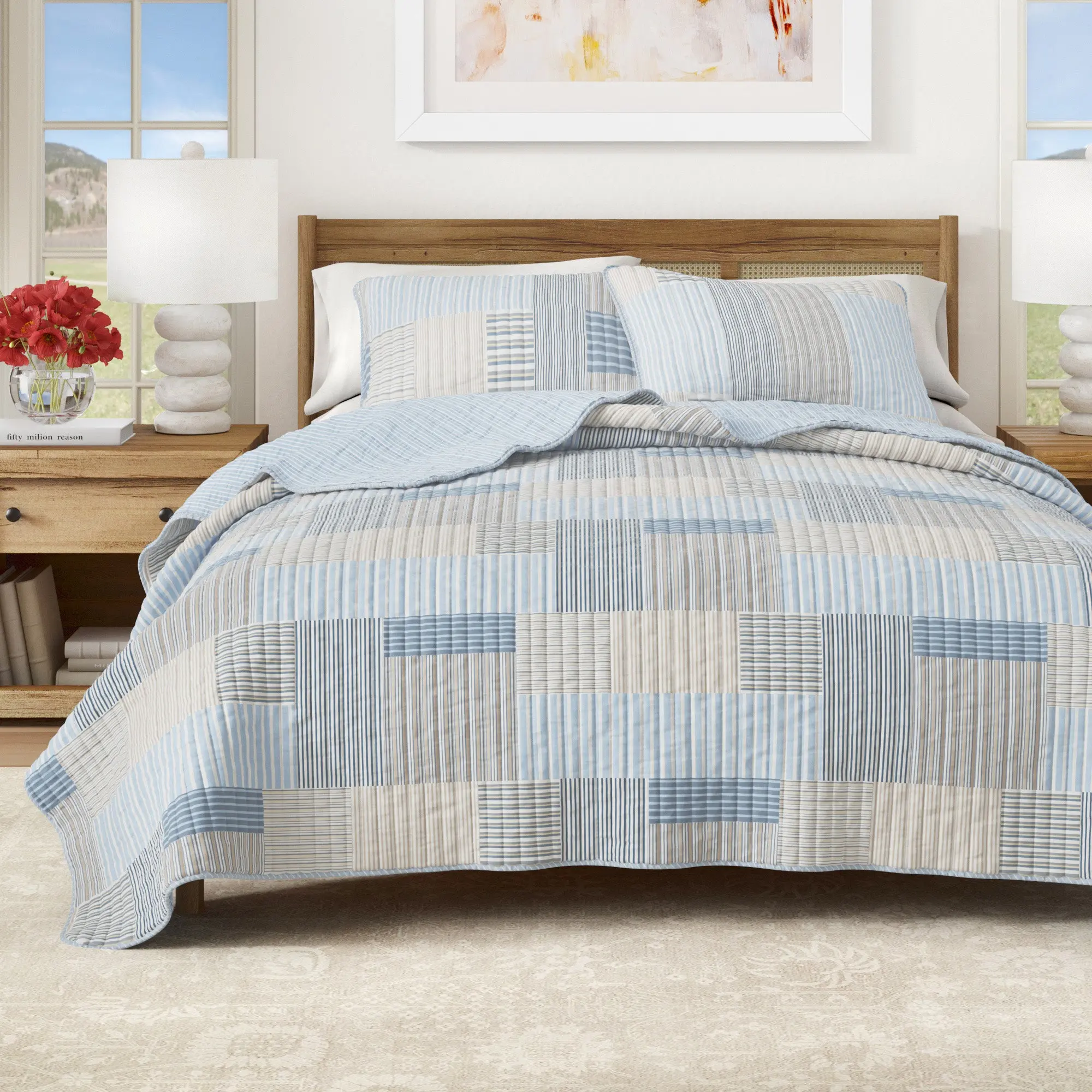 Blue Stripe Patchwork Quilt Set