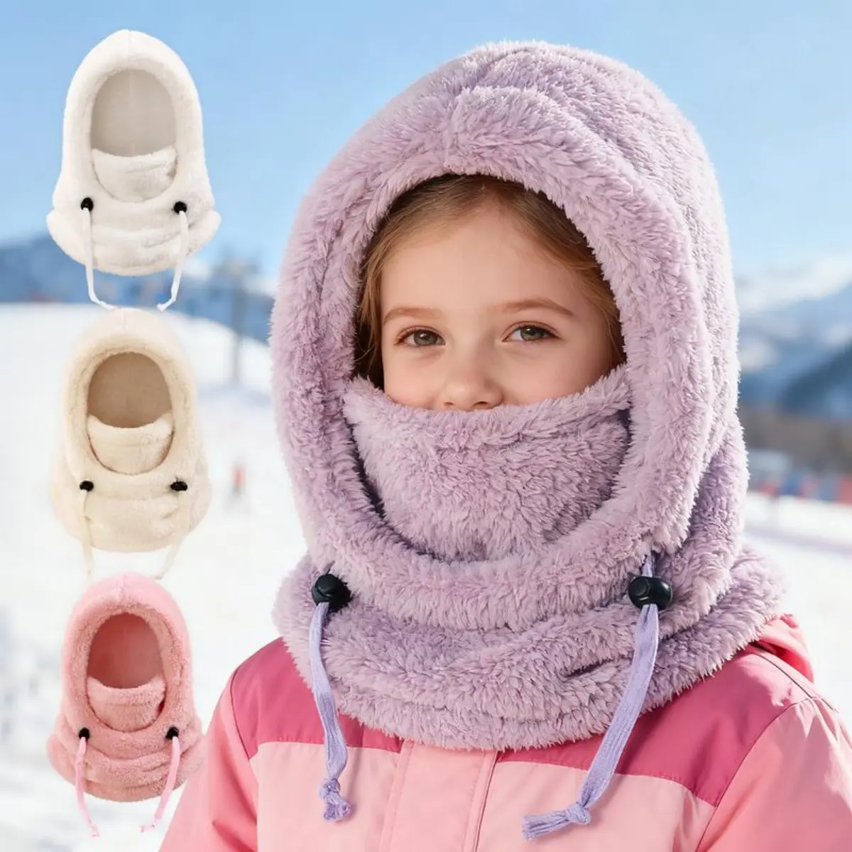 Kids' Fleece Balaclava, Windproof Thermal Full Face Mask with Detachable Hood, Winter Neck Warmer for Skiing, Ages 3-10, Daily Wear