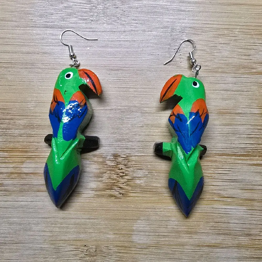Colorful Wooden Parrot Earrings - Green Blue Orange Parrot Design Handcrafted Wooden Jewelry