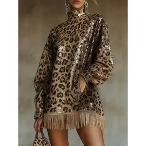 Elegant High Neck Leopard Print Sequin Long Sleeve Dress with Lantern Sleeves and Tassel Hem |   Pocket Details, Perfect for Spring/Fall