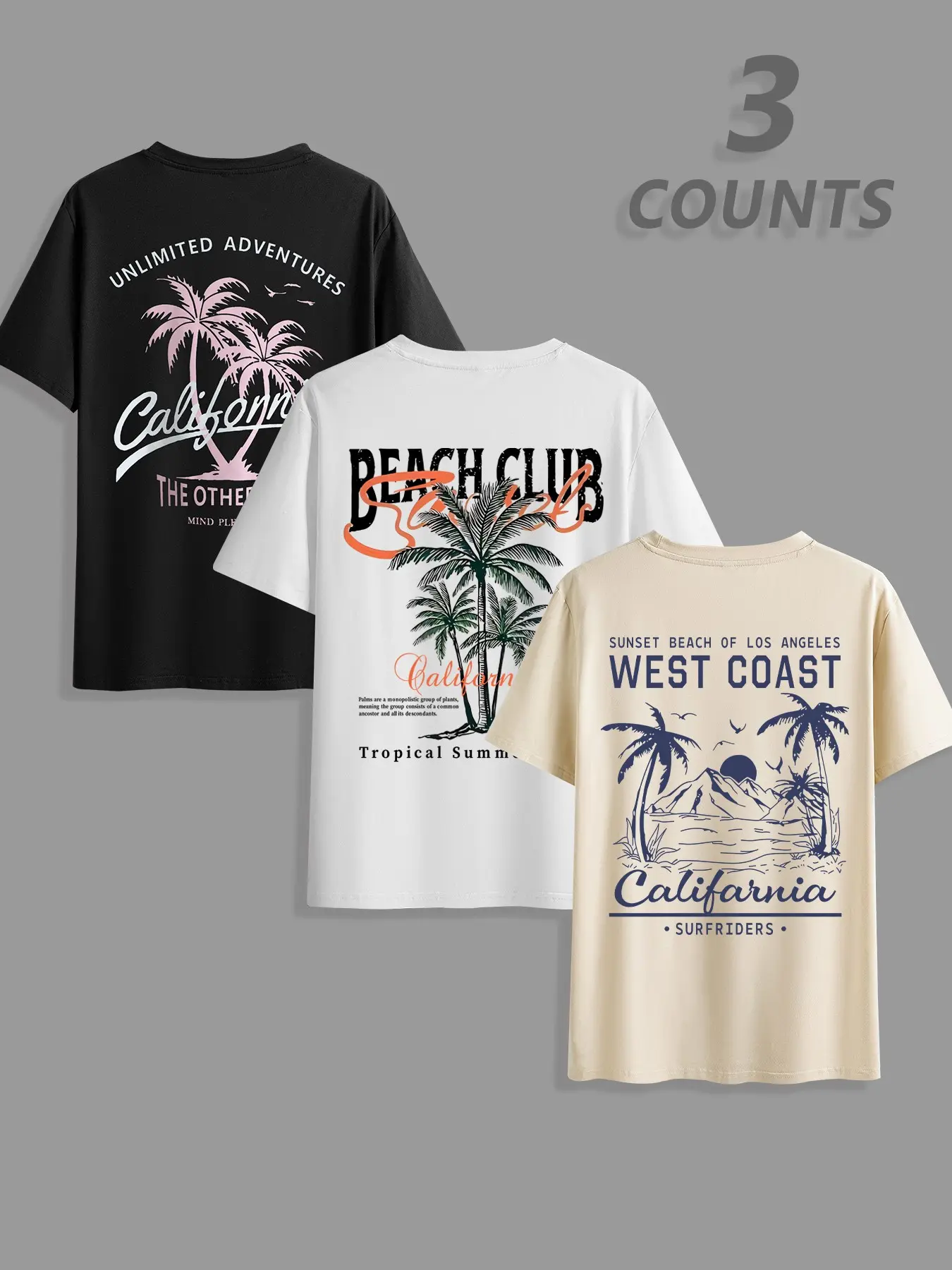 Men's Classic Letter Tropical Palm Tree Landscape Print Round Neck Short Sleeve T-Shirt 3-Pack, Casual Comfortable Top for Summer Outdoor Wear, Casual Summer Clothing