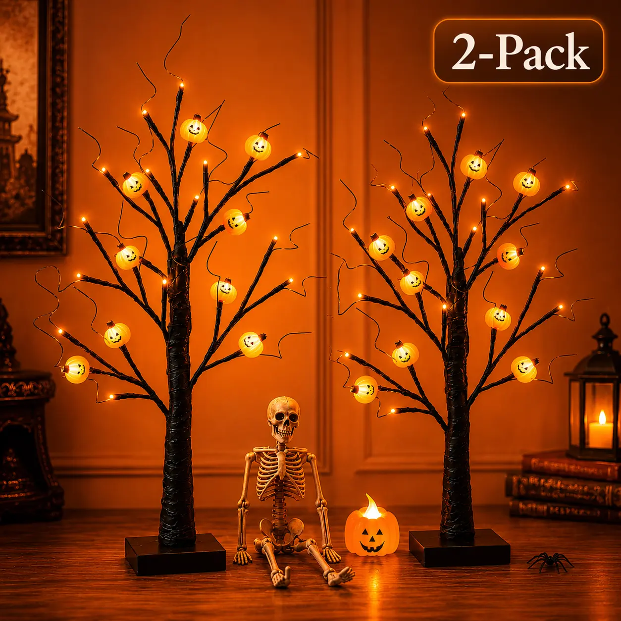 Halloween Black Plastic Horror Tree Lights (2-Piece Set, 24-Inch) with Orange & Purple Lights, Battery + USB Powered, Indoor Home & Holiday Party Spooky Decorations