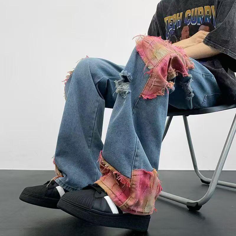 High Street Hip-Hop Flared Jeans for Men And Women Summer Street Design Splicing Mopping Pants, for Outdoor(button Holes Not Opened At Waist)