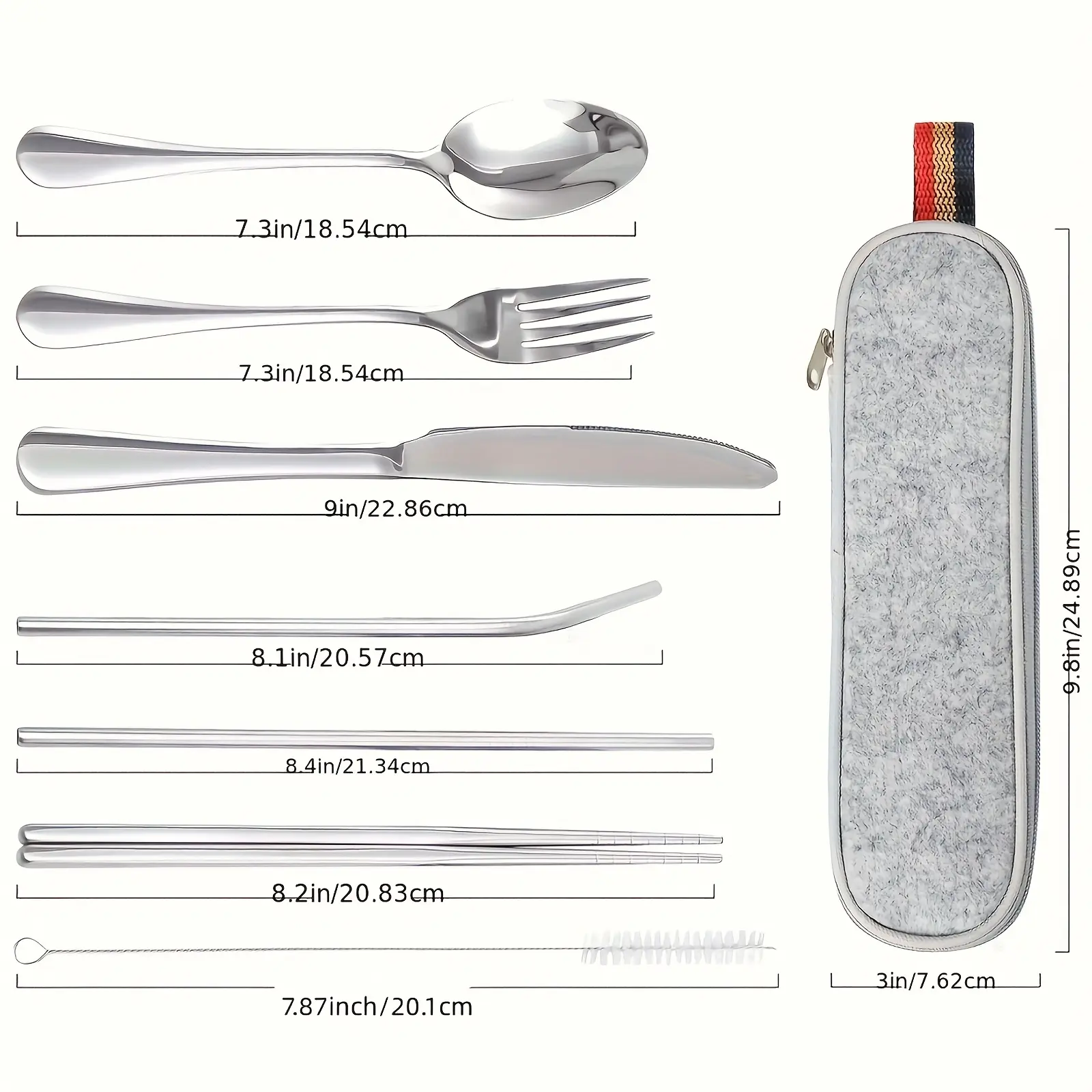 8Pcs Stainless Steel Portable Cutlery Set, Complete Camping Travel Flatware Including Knife, Fork, Spoon, Chopsticks, Straw and Cleaning Brush, Compact With Storage Case, Reusable Tableware for Outdoor Trips and Party Use