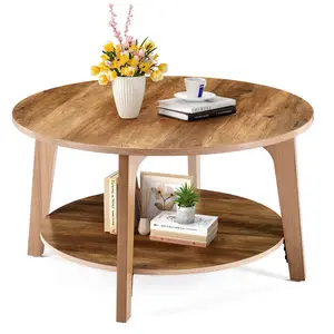 Sweetcrispy Round Coffee Table 32'' Wood Coffee Tables for Living Room with Storage 2-Tier Center Circle Counter with Wooded Desktop 50 lbs Capacity Anti-Slip Feet Modern Farmhouse Design