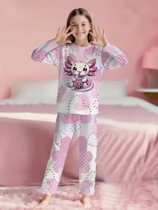 Foundation Love Heart Polka Dot Axolotl, Cute 2-Piece Girls' Digital Print Long-Sleeve Pajamas with Extended Pants, Flame-Retardant Fabric. A stylish, trendy, casual, comfortable and soft pajama set, suitable for sleeping and home leisure. Made of 100%