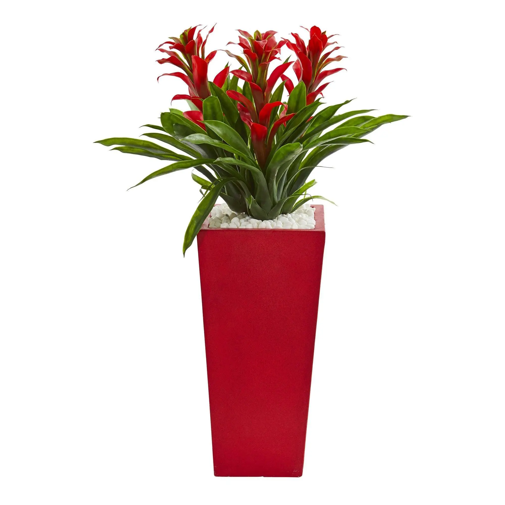 Synthetic Triple Bromeliad Tropical Artificial Indoor Plant - Bold Colors, Floral Leaf Flower Design Decor, Red Planter for Home Decoration Items, Indoor Plants, Plant Decor