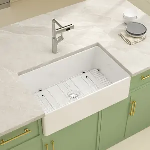 Logmey 33"x20"   White Farmhouse Kitchen Sink,  Ceramic Single Bowl Apron Front Sink for Farmhouse Style Kitchen, 33"x20"x10"