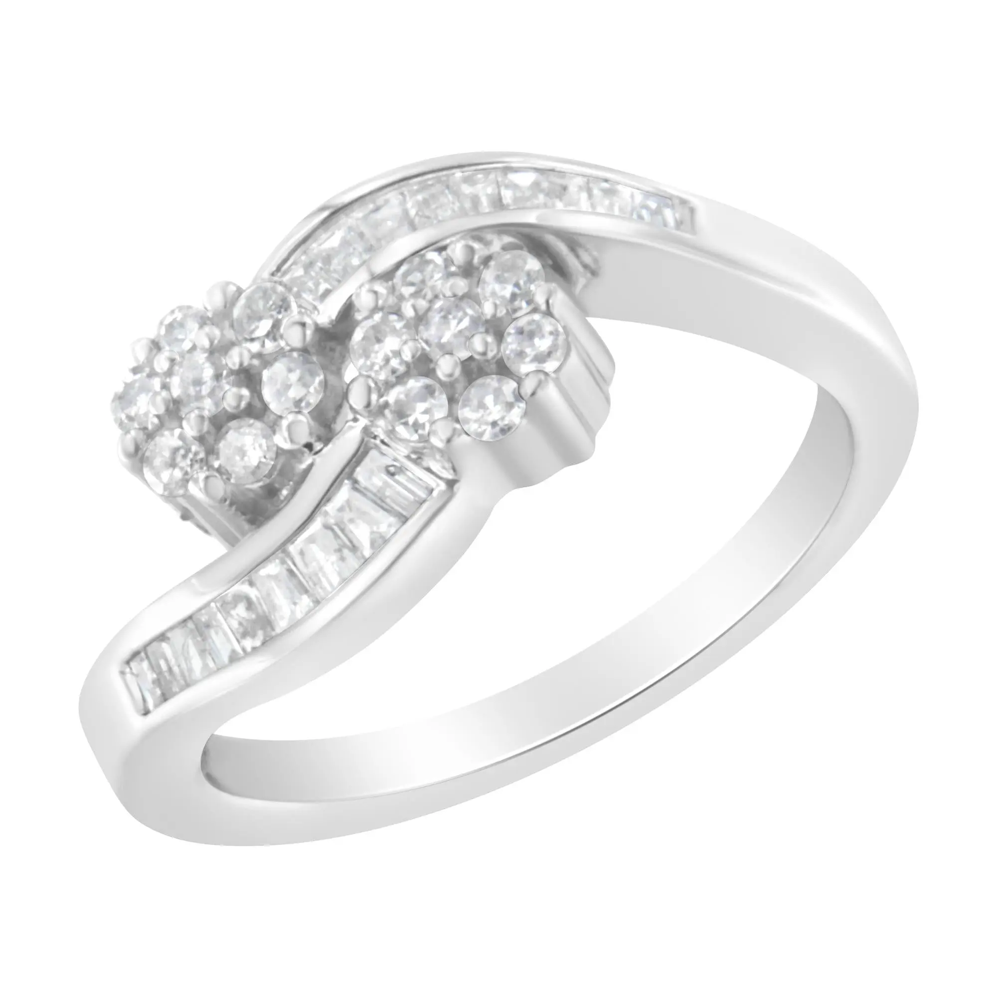 14K White Gold Round and Baguette Diamond Bypass Ring (1/2 cttw, H-I C