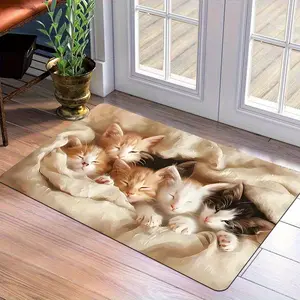 Non-Slip Quick-Dry Plush Cat Suitable for Indoor/Outdoor Use - Soft Flannel Mat with Cute Sleeping Kitten & Brown Tabby Cat Design, Durable Rubber Backing, All- Pet-Friendly for Entryway, Kitchen, Bathroom, Laundry Room - accessories