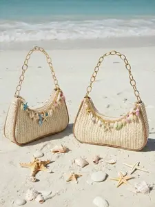 Summer Beach Starfish Decorated Woven Shoulder Bag/tote Bag, Straw Handbag, Perfect for Beaches, Stylish and Functional