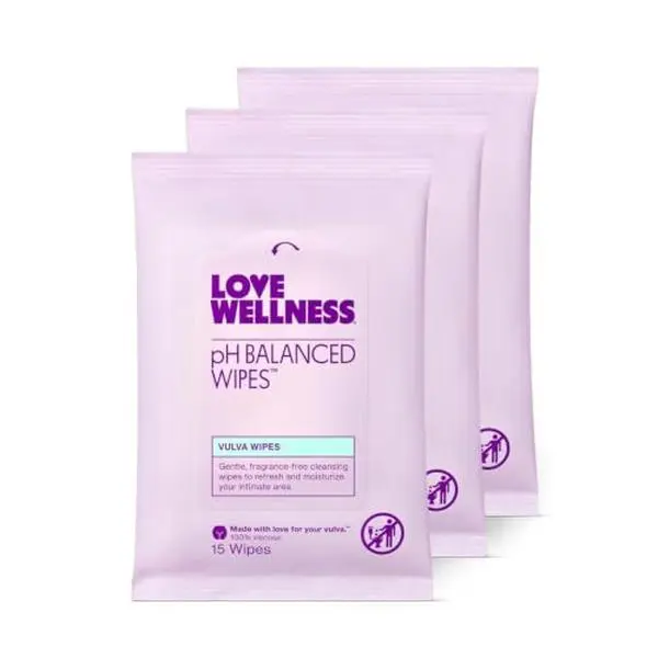 Love Wellness pH Balanced Wipes | Fragrance-Free | Travel Size | 3-Pack | Contains Aloe Vera, Chamomilla Recutita Flower Extract, Citric Acid, Feminine wipes, Convenient, 15 wipes each pack