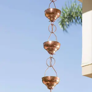 Pure Copper Eastern Hammered Cup Rain Chain Replacement Downspout for Gutters