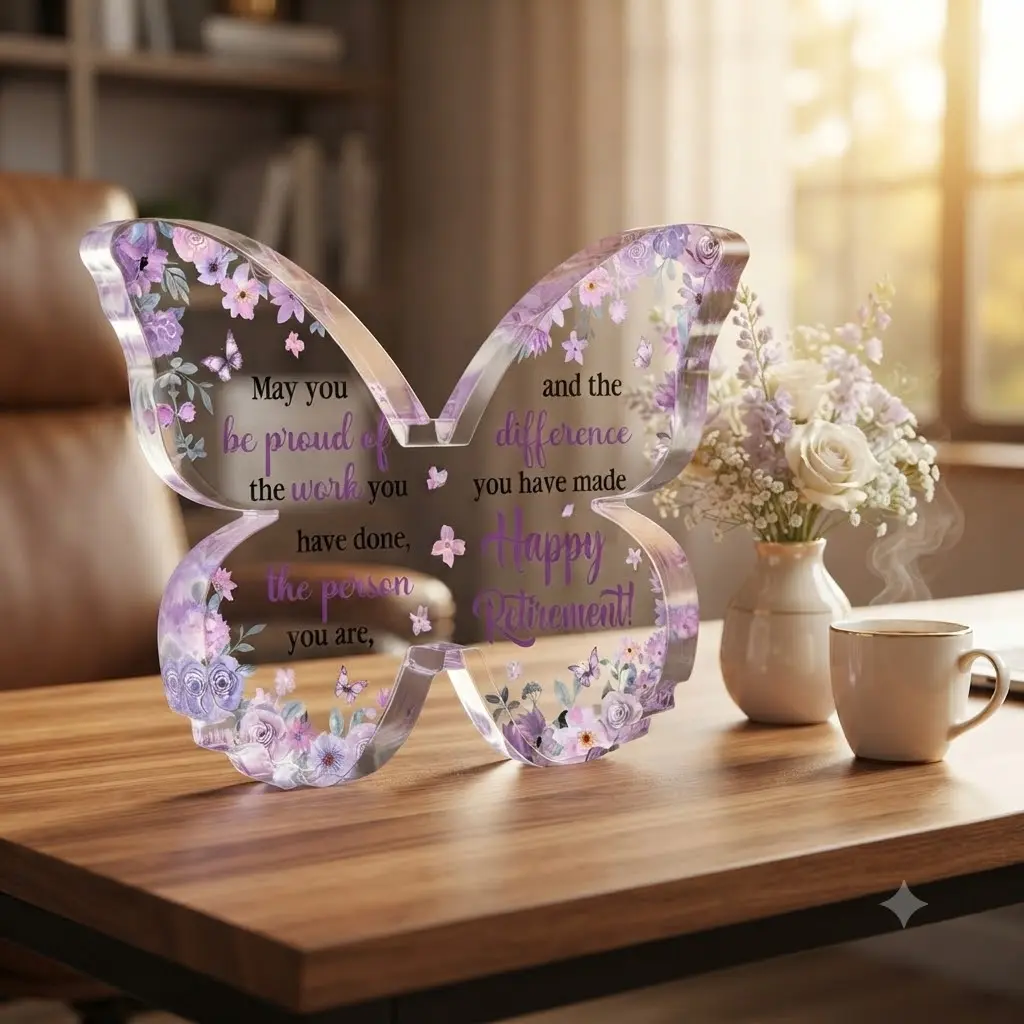 Retirement Gift for Her, Butterfly Acrylic Desk Plaque, Thoughtful Coworker Retirement Present, Purple Floral Keepsake