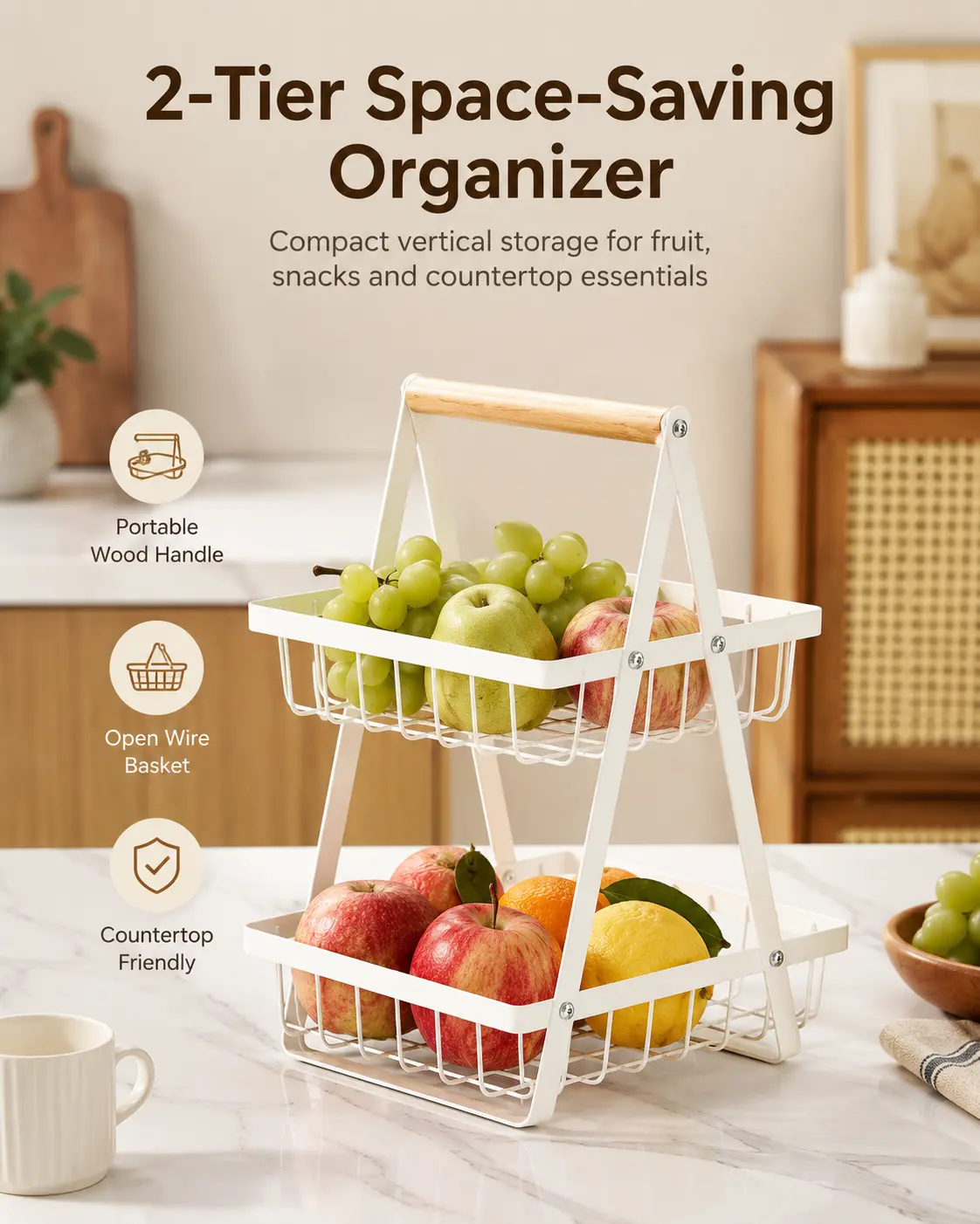 Tiered Countertop Storage Basket, 2 or 3 Tier Fruit and Vegetable Organizer with Wood Handle, Open Wire Storage Rack for Kitchen, Coffee Bar, Pantry and Bathroom