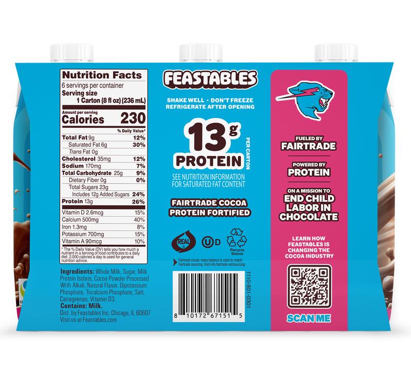 Feastables by MrBeast - Chocolate Milk – Protein-Packed Real, Whole Milk, Made with Protein and Vitamins A&D, 13g Protein, 230 Calories, Fairtrade Certified, Kosher, Ready-to-Drink, Shelf-Stable