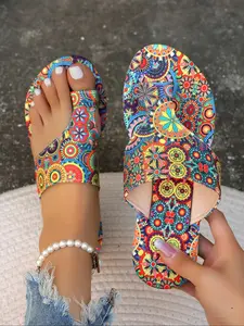 Women's Fashionable Random Pattern Design Toe Thong Sandals, Bohemian Sandals, Boho Style Sandal, Casual Comfortable Flat Sandals for Beach, Summer Style Sandals, Non-slip Sandals for Indoor & Outdoor Wear, Walking Shoes