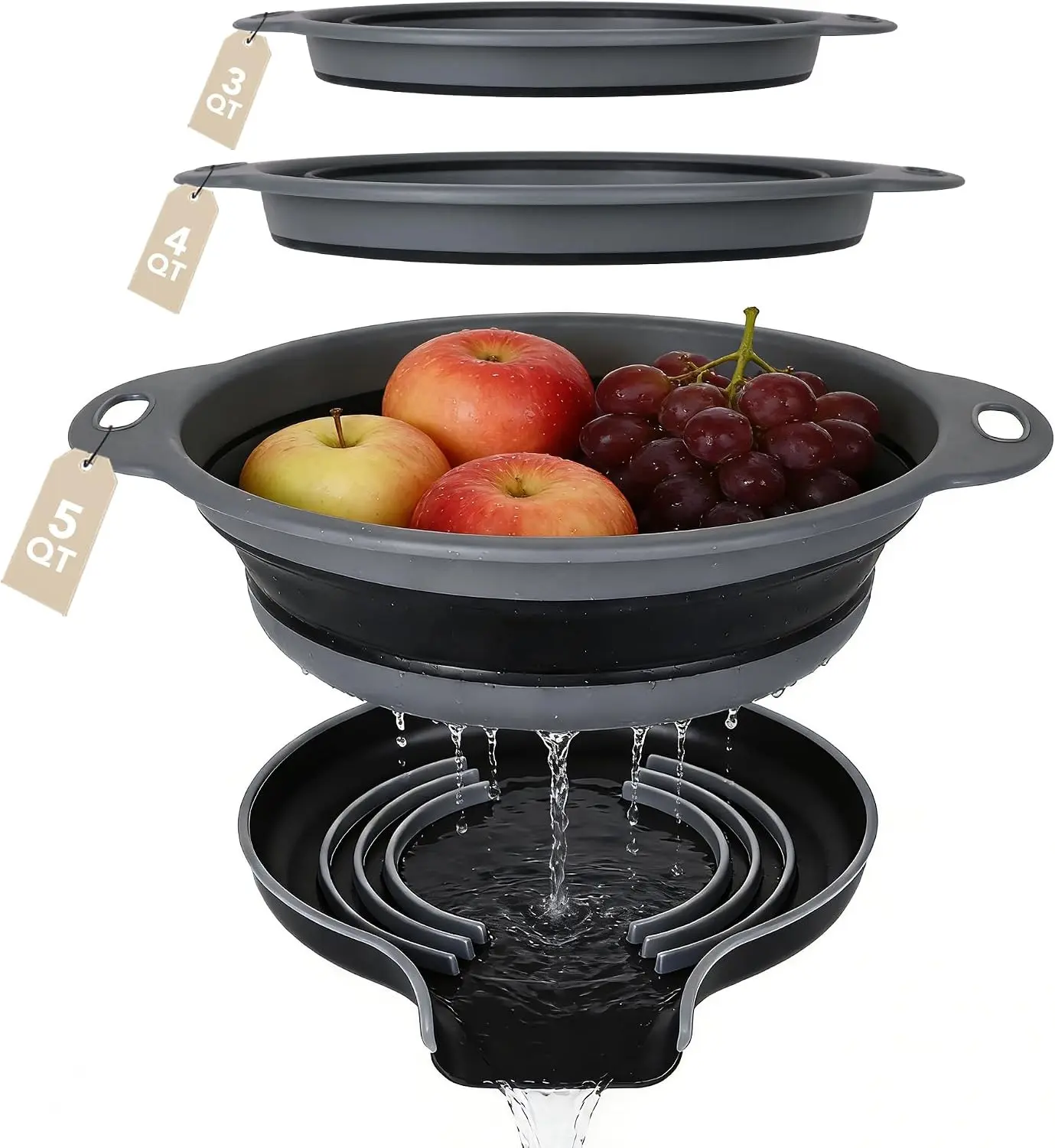 Collapsible Colander Set of 3 with Kitchen Counter Self-draining Base, Round Silicone Food Foldable Strainer for Cooking Pasta, Vegetables and Fruit (3QT, 4QT and 5QT), Black