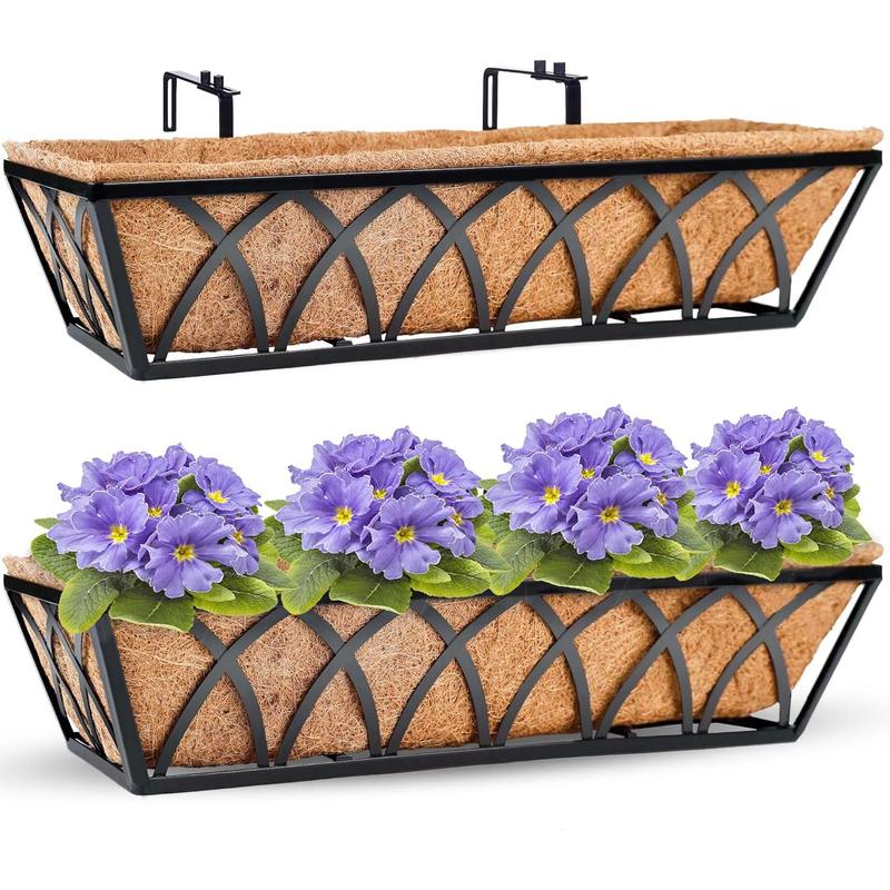 24 inch Window Deck Rail Planter Including Coco Liner, 24" Dia Window Box Horse Trough with Coconut Coir Liners, Black Metal Hanging Flower Planter Basket for Indoor Outdoor Lawn - Set of 2