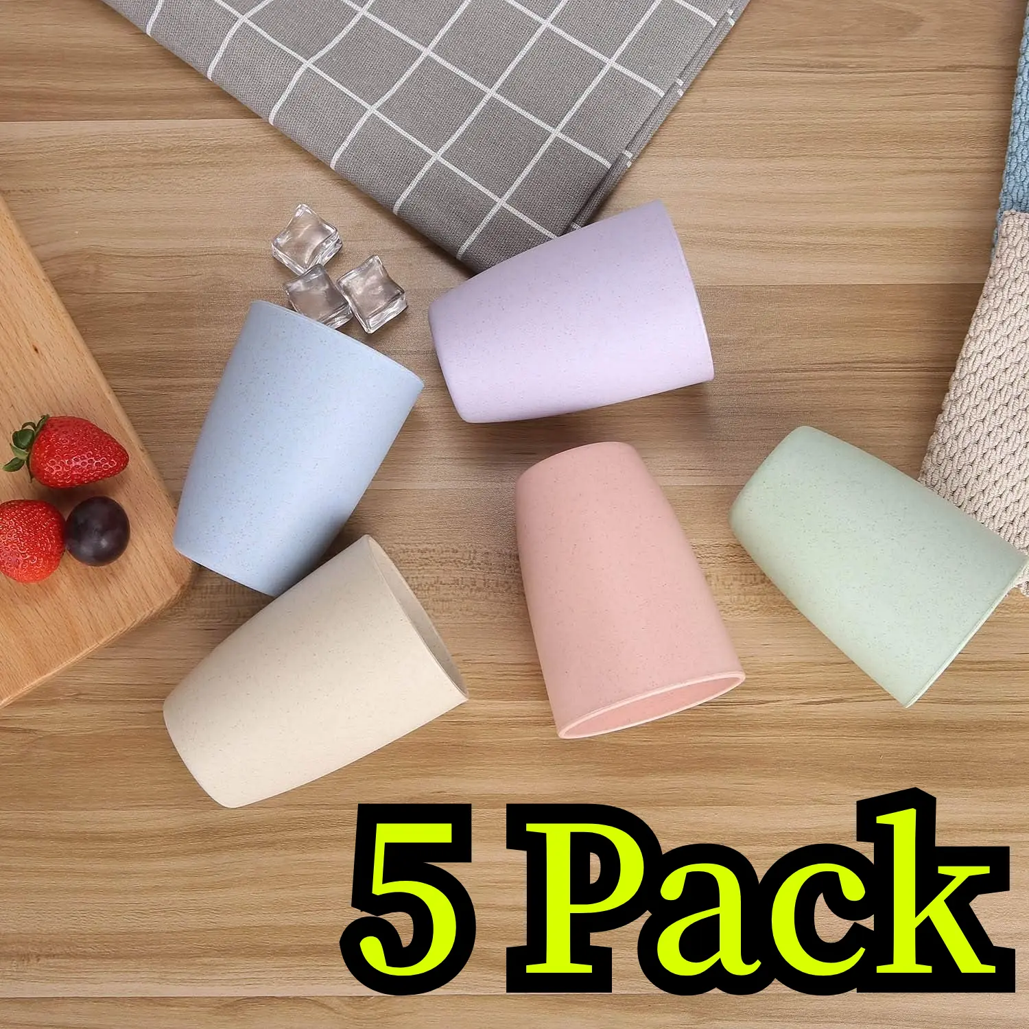 5-Pack Lightweight Wheat Straw Plastic Drinking Cups - 12oz Reusable Unbreakable BPA-Free Dishwasher-Safe Tableware Tumblers for Home Improvement Bathroom Fixture Accessories