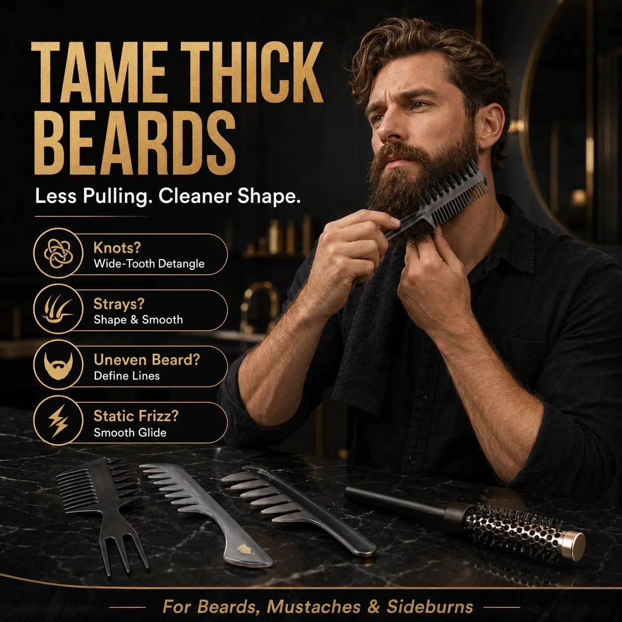 Men's Hair Styling Combs and Brush Set - Roller Brush for Adding Volume, Pompadour, Slicked-back, Undercut Styling Combs