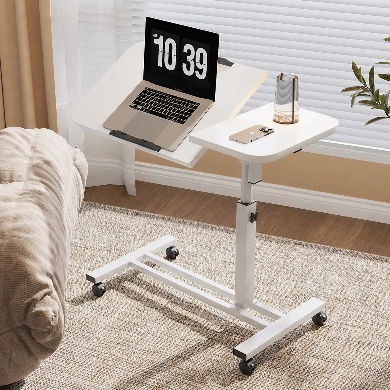 Adjustable Overbed Table with Wheels, 360° Swivel Rolling Laptop Desk, Height Adjustable 60-95cm Bedside Table for Home & Office