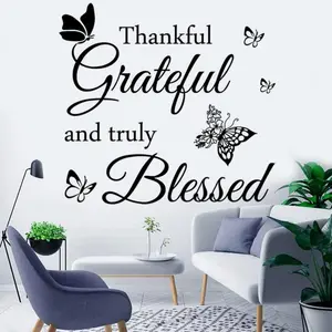 Wall Decal Quote Faith Vinyl Lettering Thankful Grateful and Truly Blessed Inspirational Quote Wall Decor Wall Stickers for Home Decor Living Room. Butterflies Butterfly