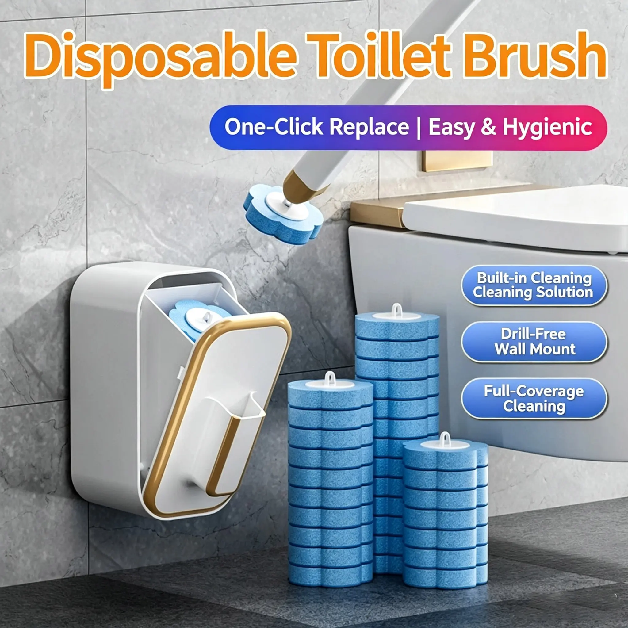 Disposable toilet brush set Household bathroom cleaning artifact Wall-mounted toilet Replacement brush dead angle Toilet Cleaner Brush Toilet Scrubber Brush Toilet Brush With Holder Toilet Bowl Brush Grey