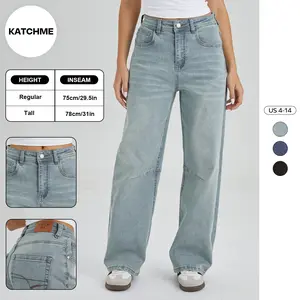 KatchMe Women's Vintage Chic Mid-Rise Denim Dart Seam Wide Leg Jeans, Versatile Multi-Pocket Trousers, Minimalist Women's Bottom, Street Womenswear