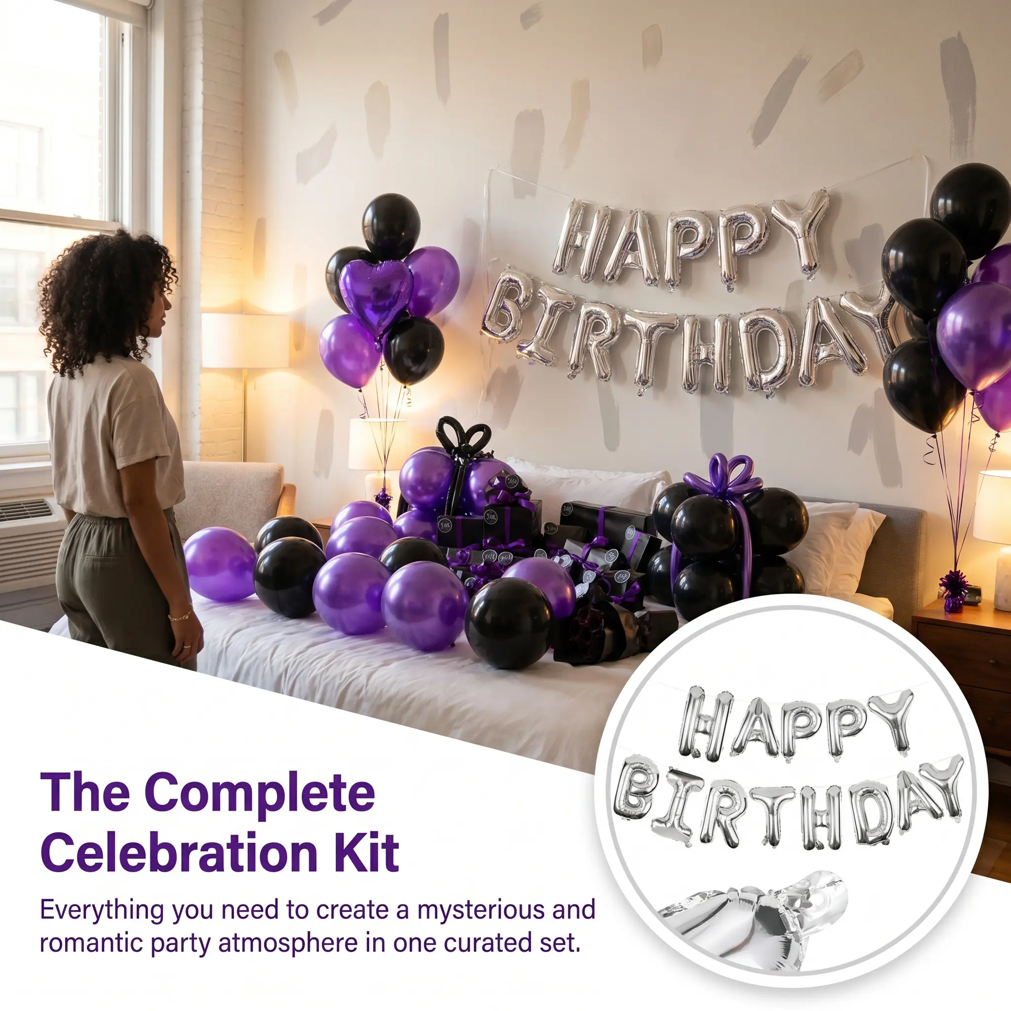 61pcsSet 16-Inch Silver Happy Birthday Foil Balloon Set with Black, Purple Latex & Heart Balloons for English Letters Decoration foil balloon party decoration birthday decoration