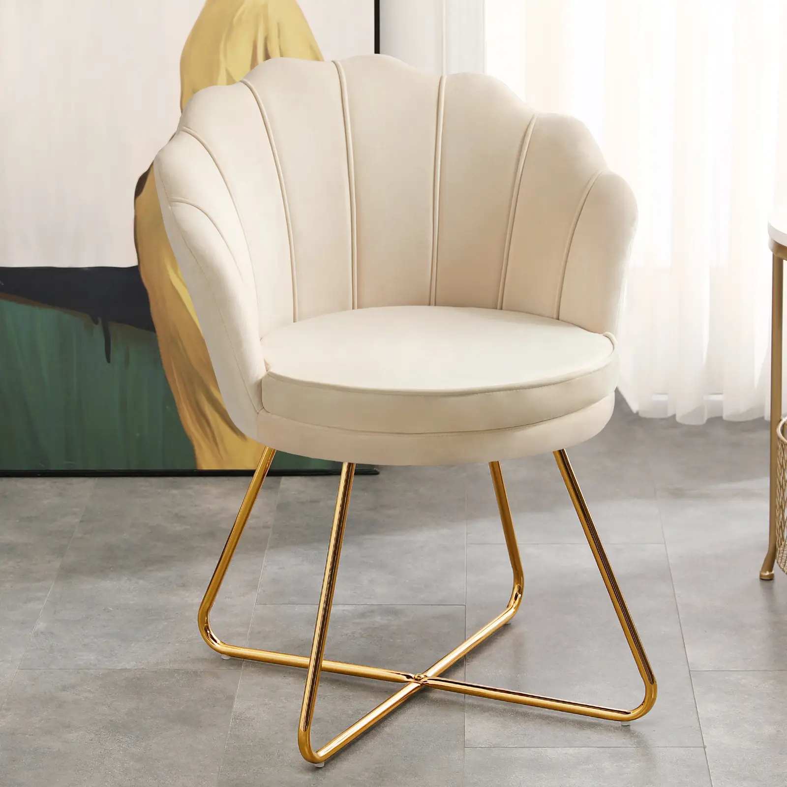 Furnimart Curved Vanity Chair with Gold Plating Legs, Velvet Upholstery, Modern Design, Suitable for Bedrooms, Living Rooms, and Offices