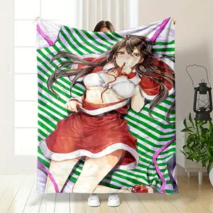 This blanket is printed with a long haired anime girl in Christmas themed costume. The girl lies in a lazy and soft posture. The red and white Christmas outfit is matched with a green and white