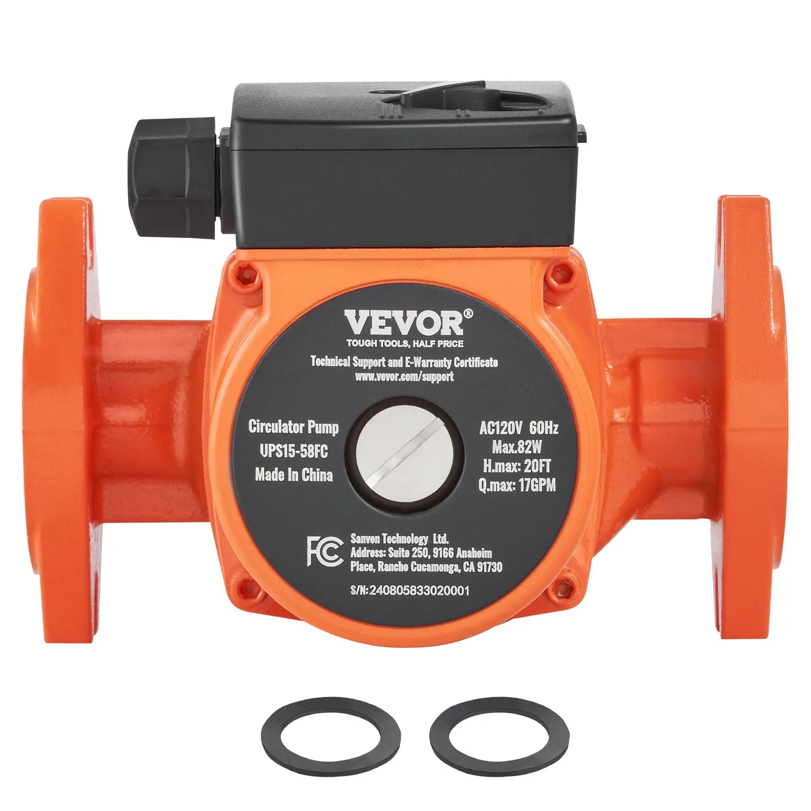 VEVOR Cast Iron 110V 60Hz 82W Circulating Pump, 17 GPM Flow, 1"-NPT Flange, 3-Speed Model with Check Valve, 20 ft, IP44 Dust & Water Protection, for Underfloor Heating Systems, 35.6-230 °F Temp Range