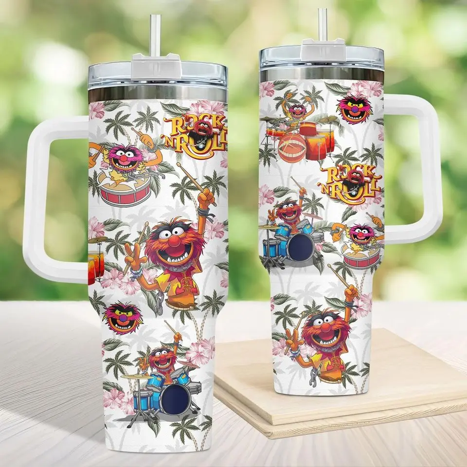 Animal Muppet Show 40oz Tumbler, Rock N Roll Drummer Travel Mug, Tropical Floral Pattern Fan Cup with White Handle
