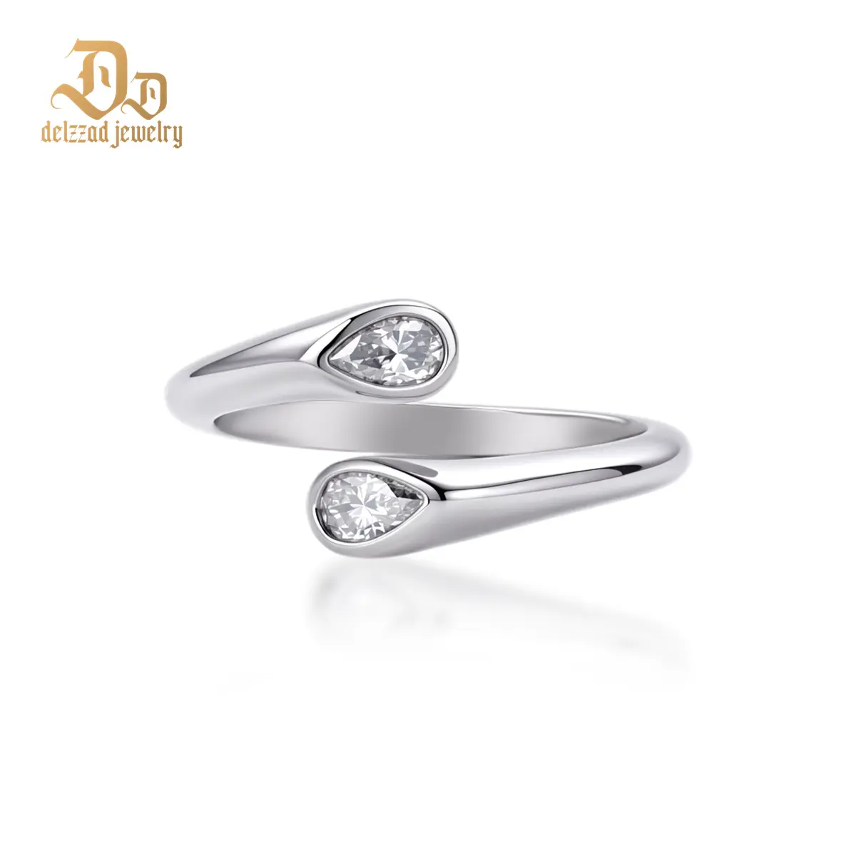 Delzzad 14K Gold-Plated 0.7ct Twin Soul Drops Ring Pear Bypass Ring Open Ring Band VVS Synthetic Moissanite Ring Jewelry Copper Band Perfect Birthday Engagement Wedding Anniversary Christmas Valentine's Day Mother's Day Gift
