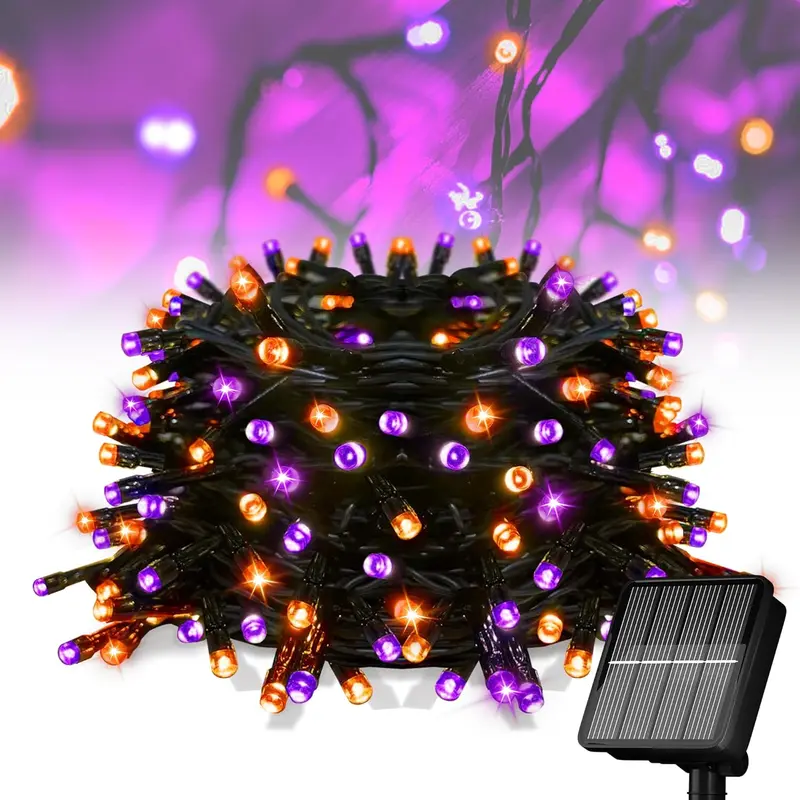 [Happy Halloween] Solar Halloween Lights,39FT 100LED Orange & Purple String Lights,Halloween Solar Lights Outdoor with 8 Modes Waterproof for Bedroom Patio Garden Party Yard Decoration