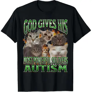 🐱💙[Graphic Tee]"God Gives His Most Powerful Autism Funny Cat Meme T-Shirt – 100% Cotton Casual Streetwear Tee, Bootleg Graphic Shirt for Men & Women, Perfect for Cat Lovers & Autism Awareness, Funny & Comfortable Gift Idea"