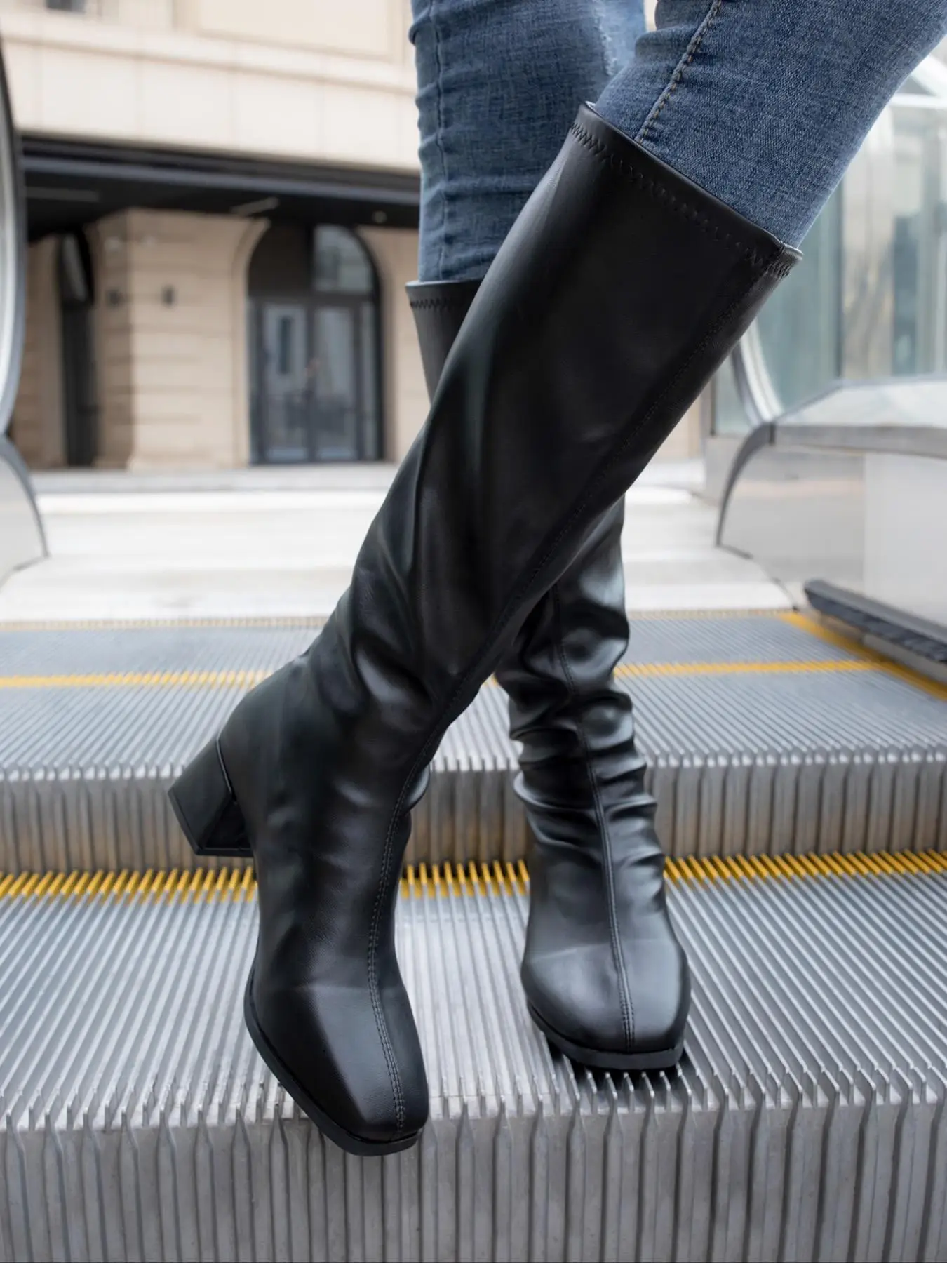 Women's Fashionable Solid Color Ruched Design Zipper Boots, Elegant Square Toe Knee Boots for Party, Daily Clothing Decor for Women & Girls